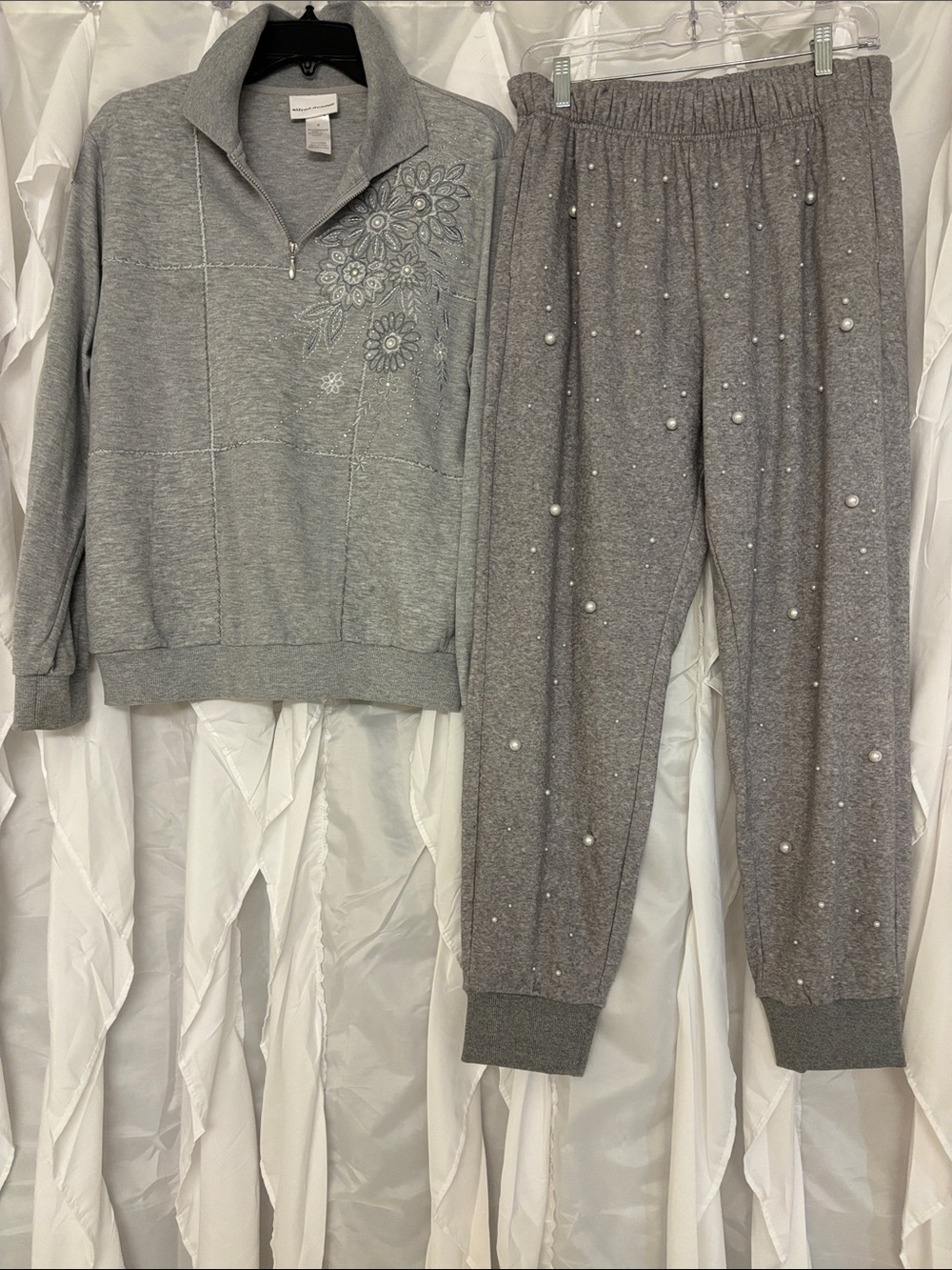 Alfred Dunner Grey Embellished Pearl Jogger Set